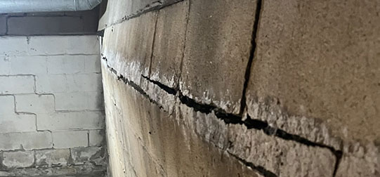 Leaning basement foundation wall with horizontal cracking and inward bowing in a West Virginia home.