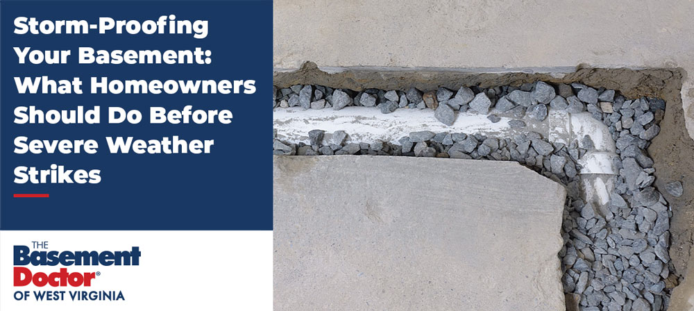 Interior basement drainage system with gravel trench and drain tile installed to help prevent water intrusion before severe weather.