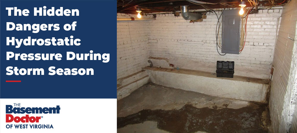 Basement with white brick foundation walls showing water staining caused by hydrostatic pressure during storm season