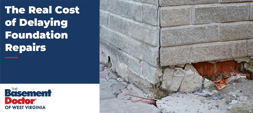 Cracked concrete block foundation corner with visible structural damage showing the consequences of delaying foundation repairs.