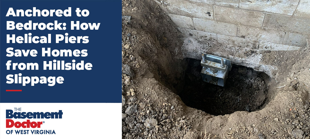 Helical pier foundation repair installation beside a home's concrete foundation, showing a steel support bracket anchored below grade to stabilize a hillside foundation in West Virginia.