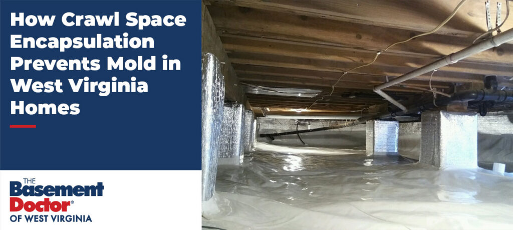 Encapsulated crawl space in a West Virginia home featuring a sealed white vapor barrier across the floor and insulated support columns to help prevent moisture and mold growth.