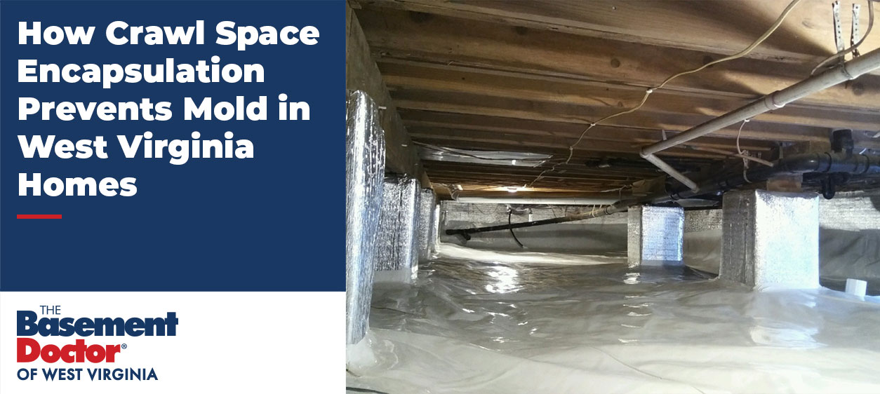 Encapsulated crawl space in a West Virginia home featuring a sealed white vapor barrier across the floor and insulated support columns to help prevent moisture and mold growth.