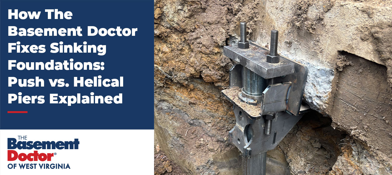 Close-up of a steel foundation pier bracket installed beneath a concrete foundation wall to stabilize and lift a settling home foundation during repair.